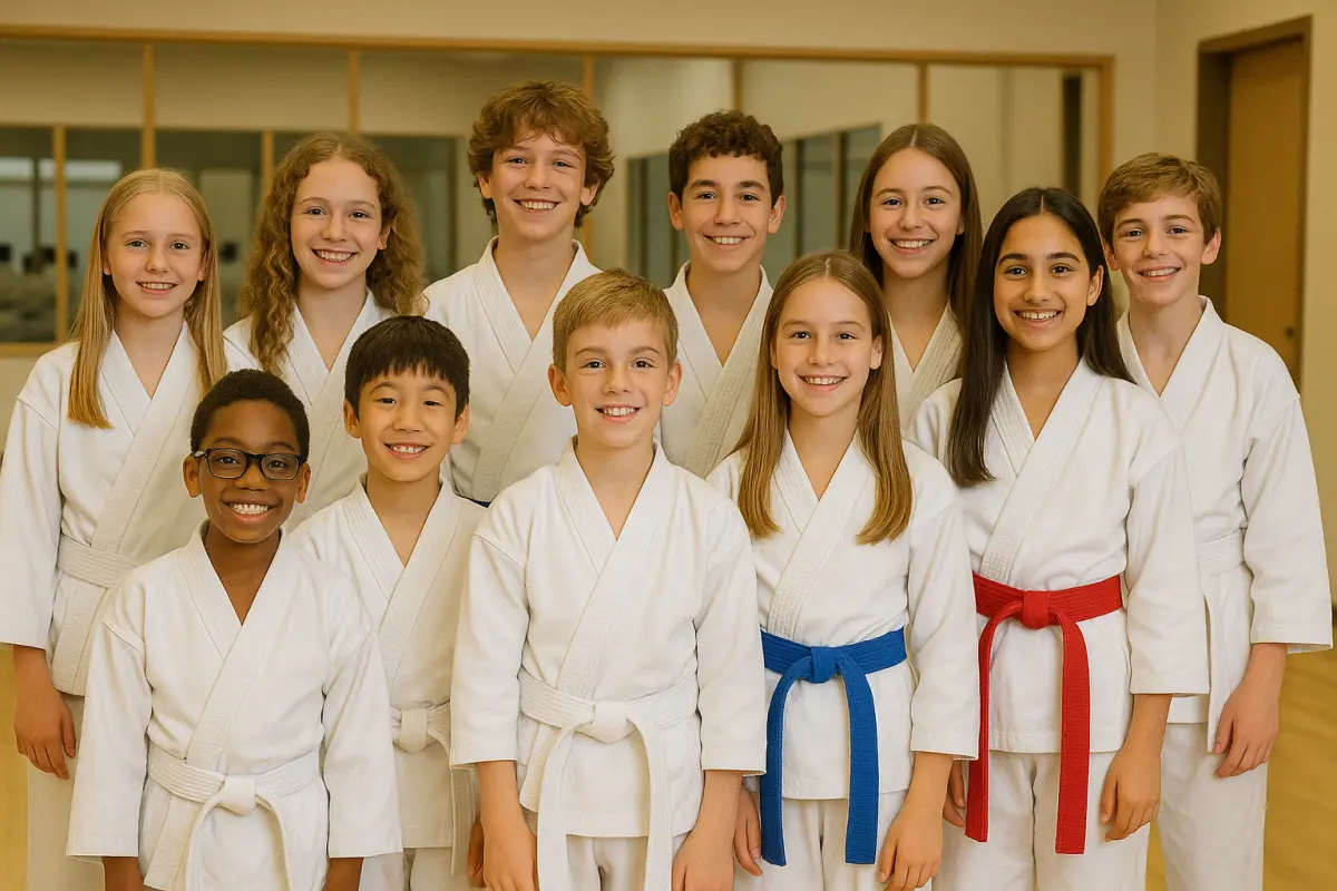 Troy Kids TaeKwonDo - Group of kids in karate uniforms before class.