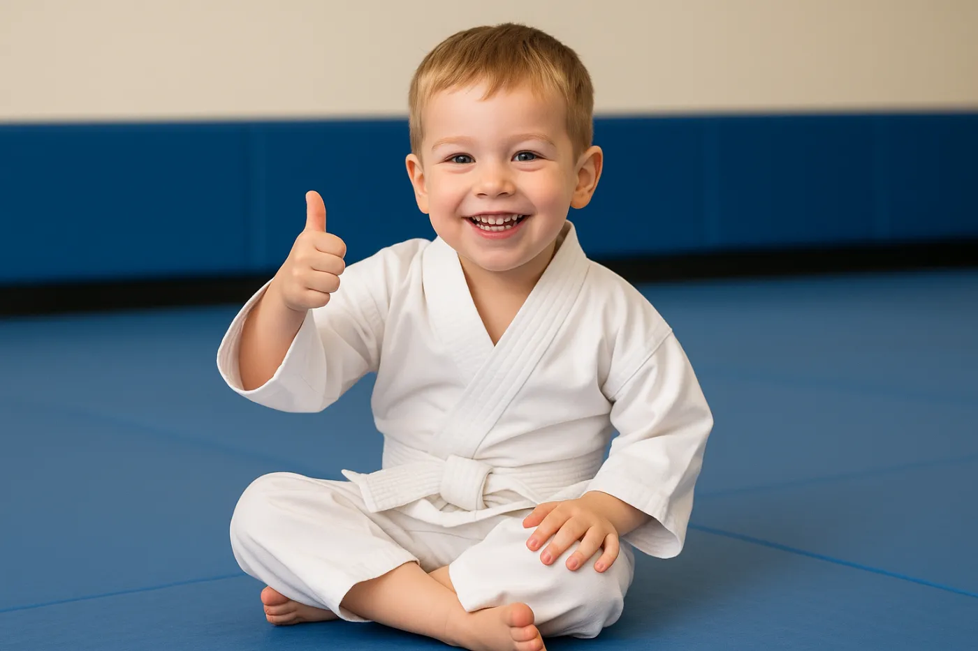 Troy Kids TaeKwonDo - small boy giving thumbs up before karate class