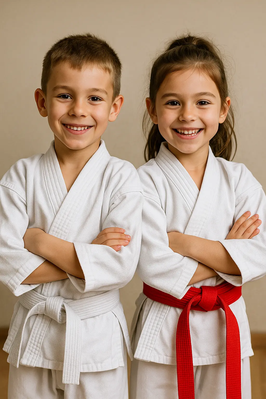 Troy Klds TaeKwonDo - smiling boy and girl in karate uniforms
